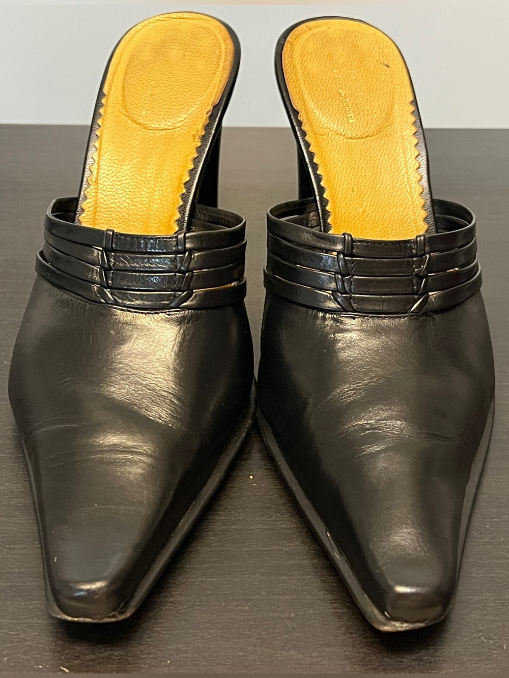 ⚡️Flash Offer ⚡️ Italian Black Leather Pointed Mule Heels with Tiered Vamp